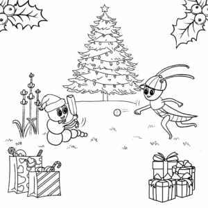 Christine's Magical Garden - Activities For Kids - Colouring-In - Chompy and Chirpy Playing Backyard Cricket by the Christmas Tree