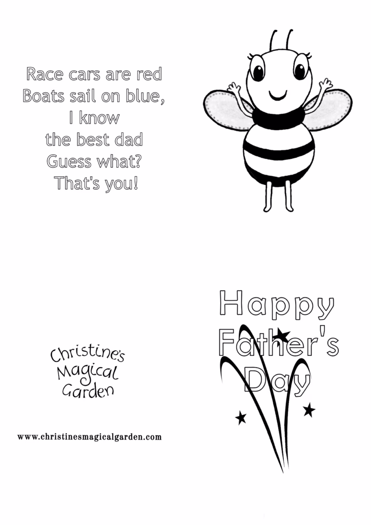 Christine's Magical Garden - Activities For Kids - Colouring-In - Fathers Day Card Race Cars are Red with Buzzy